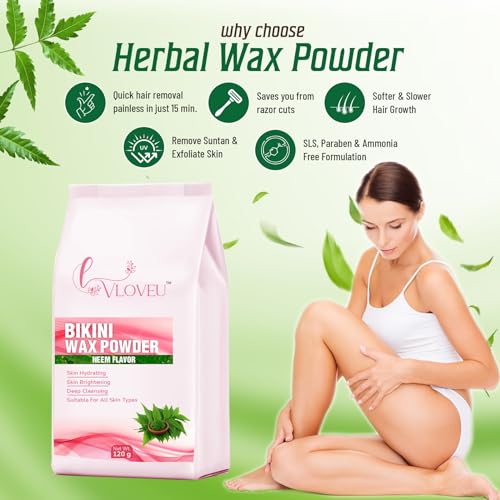 Image of VLOVEU Bikini Wax Powder for Women, Wax Powder for Hair Removal, Herbal Wax powder for instant Hair Remover All Types of Hair, No Pain, No Side Effects (Neem) 120 Gm (Pack of 1)