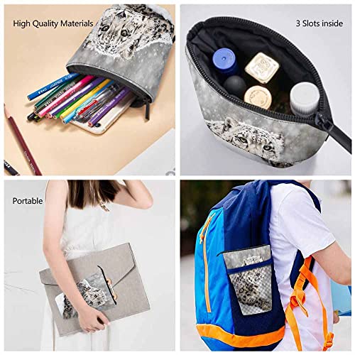 Image of Swono Snow Leopard Pencil Pouch Frontal Portrait Snow Storm Stand Up Pencil Case Pencil Holder Cosmetics Bag For Women Men