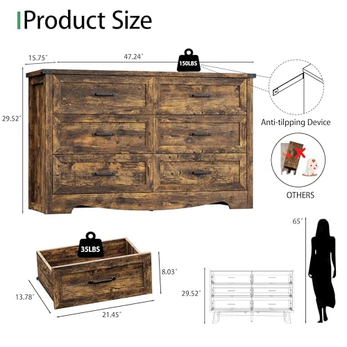 Image of Dresser for Bedroom with 6 Drawers, 48 inch Wide Wood Chest of Drawers with Deep Drawers & Mental Handle, Wooden Dresser TV Stand, Modern Closet Storage Organizer for Living Room, Hallway, Entryway, Brown
