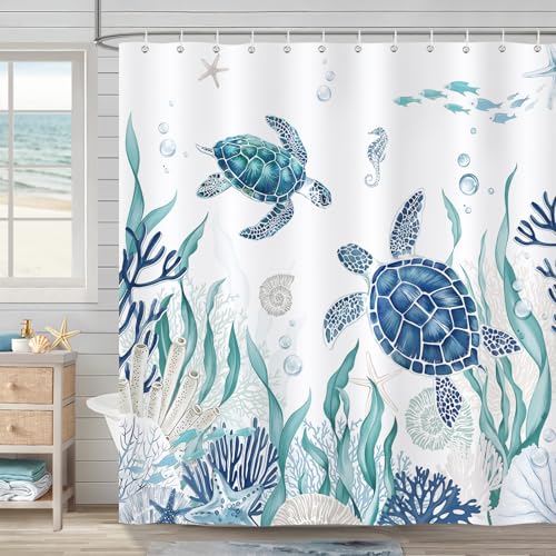 COZZSNUGE Sea Turtle Shower Curtain Ocean Coastal Beach Seashell Starfish Coral Teal Blue Shower Curtain for Bathroom Waterproof Polyester Fabric with 12 Hooks 72 x 72 Inches