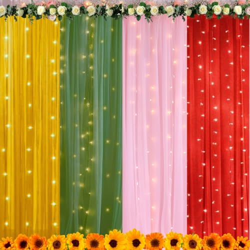 Image of Shimmers 10 Pcs Decorative Net Curtains with Hooks & Ribbon - 4.8 Ft Red, Pink, Green & Yellow Celebration Curtains - Colorful Backdrop for Wedding, Room & Home Decor