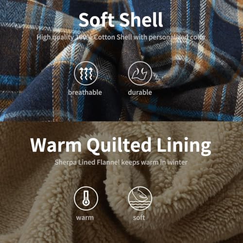 Image of Men's Cotton Plaid Shirt Jacket Fleece Flannel Sherpa Button Down