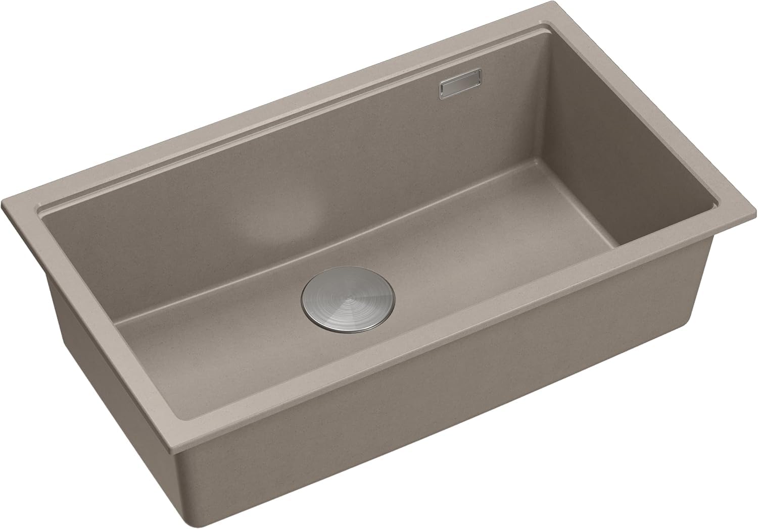 QUADRON Fregadero de un seno Fregadero de granito cocina | tamaño 70 x 37 x 23,5 cm Color: Topo suave y acero | Fregadero LOGAN 110 | Fregadero bajo encimera Base de armario a partir de 80 cm