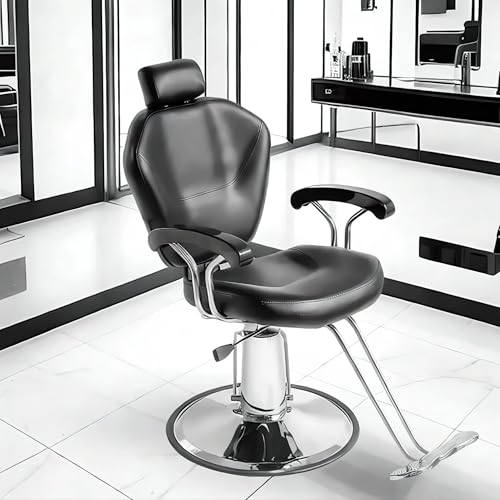 Joiemebi Silla de Peluquería Reclinable Hidráulica de Piel Sintética De 360° con Reposapiés Cromado para Salón Profesional Y Hogar, 90 x 65 x 100 cm, Negro
