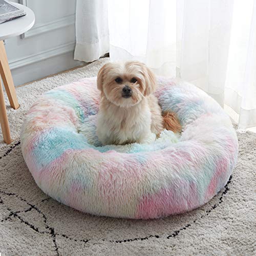 Calming Dog Bed & Cat Bed, Anti-Anxiety Donut Dog Cuddler Bed, Warming Cozy Soft Dog Round Bed, Fluffy Faux Fur Plush Pet Dog Cat Cushion Bed for Small Medium Dogs and Cats (20