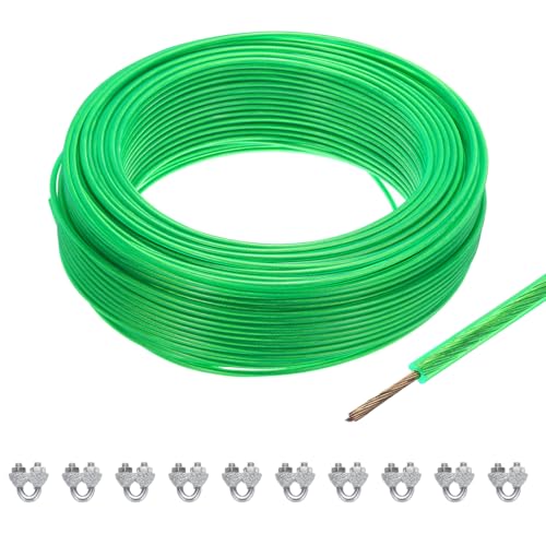 MECCANIXITY 3.5mm (9/64 inch) Green Vinyl Coated Wire Rope, 100m /328ft Galvanized Steel Cable Wire Rope with 10PCS M5 Loop Sleeves for String Light Hanging, Deck Railing, Garden Wire