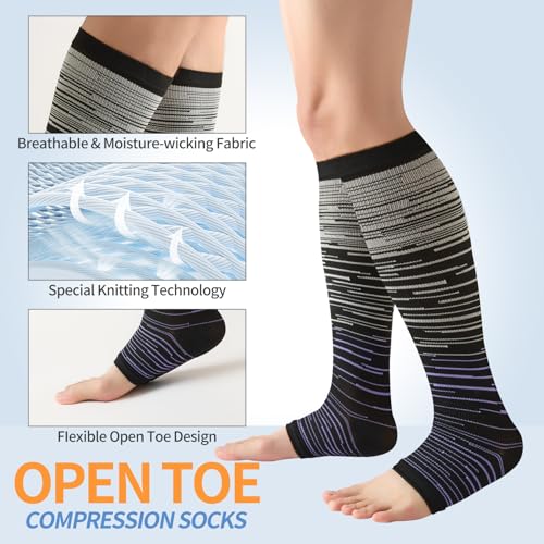 Image of Open Toe Compression Socks for Men & Women - 3 Pairs 15-20 mmhg Toeless Knee High Stockings for Circulation, Nursing, Running