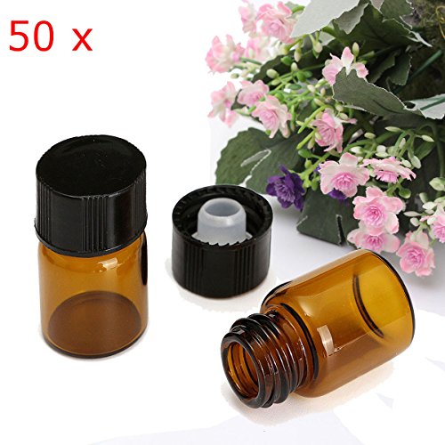 DIY 50Pcs 2ml Amber Dram Glass Essential Oil Bottle Orifice Reducer with Cap