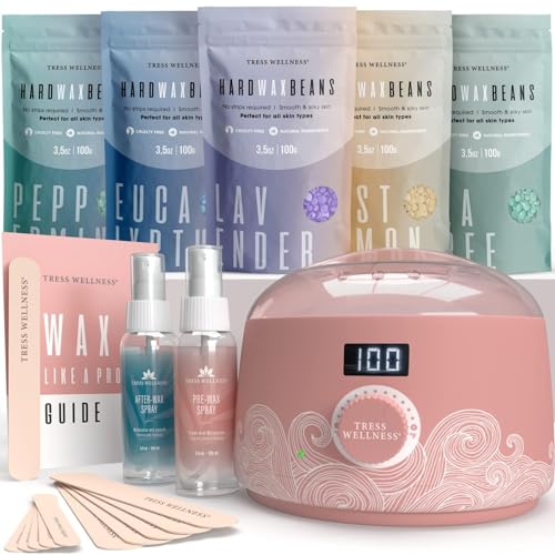 Image of Tress Wellness Waxing Kit for Sensitive Skin - Safe for Face & Skin, Prep & Aftercare Spray, Easy to Use - At-Home Kit for Face, Bikini, Brazilian & Full Body - Digital Display, Dusty Pink Air