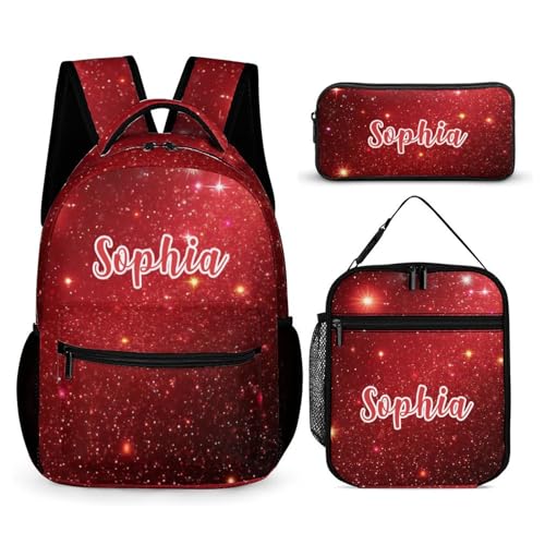 Custom Sparking Glitter Bling Print Red Backpack with Lunch Box & Pencil Case for Kids Girls Boys School Backpack 16 Inch