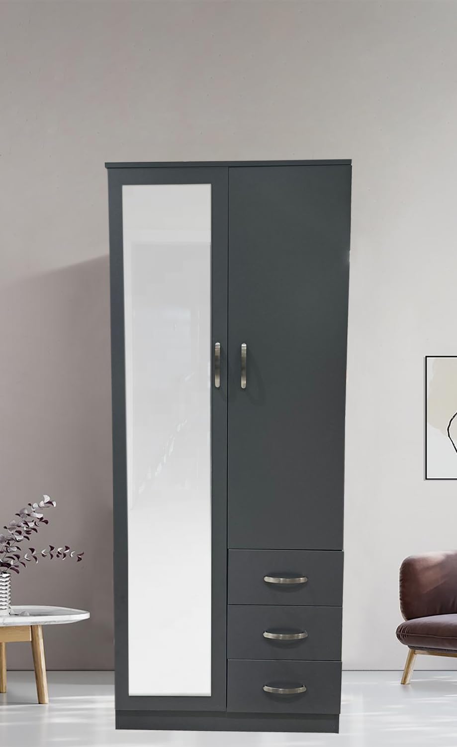 PALAKLOT 2 Door 3 Drawer Full-length Mirror Wardrobe | Modular Cabinet for Space Saving | Ideal Storage Organizer | Matt Finish (Grey)
