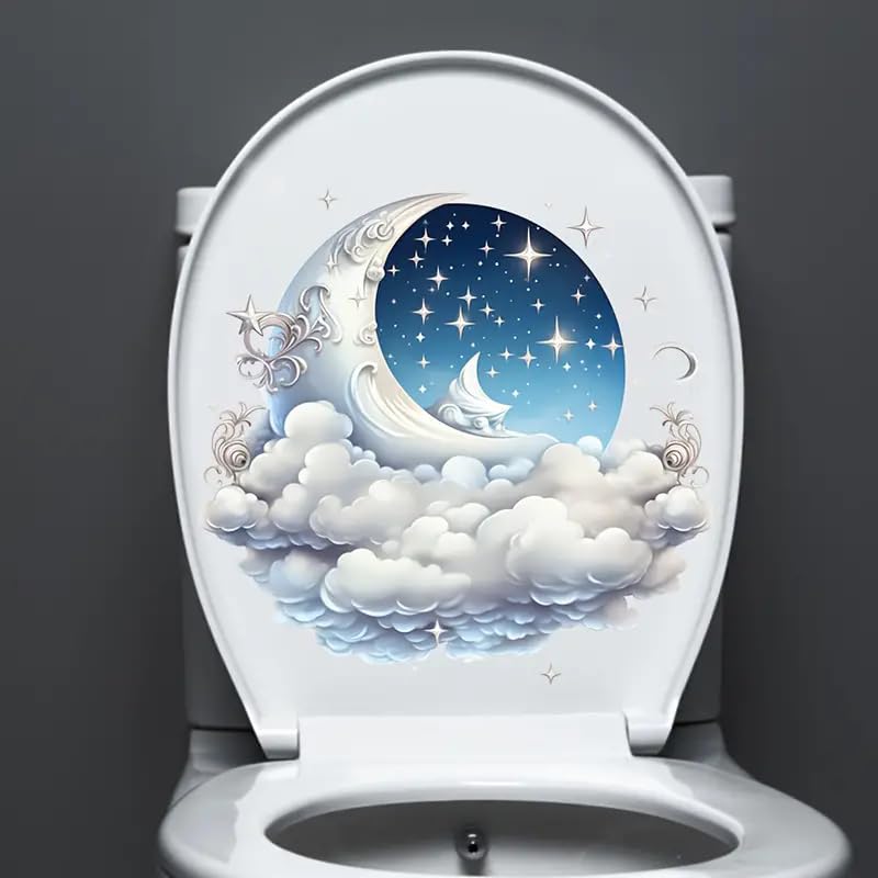 Fantasy Moon and Stars Cloud Toilet Cover Sticker Decals,Spring Flower Leaf Butterfly Waterproof Toilet Lid Tank Seat Decals Cistern Self-Adhesive Bathroom Wall Sticker