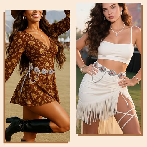 XZQTIVE Women Boho Chain Belts For Dresses Jeans Western Cowgirl Waist Links Belt Adjustable Metal Concho Belt