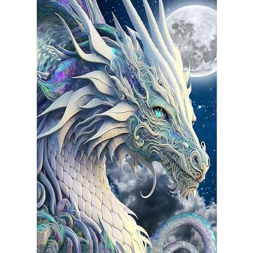 NAIMOER Drache Diamond Painting Weißer Drache Diamant Painting Bilder, Diamond Painting Erwachsene Tiere Diamond Painting Bilder Cross Stickerei Set 5D Diamant Malerei für Home Décor 30x40cm