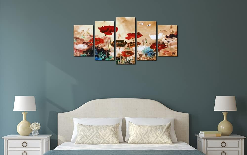 Wieco Art Blooming Poppies 5 Piece Canvas Prints Wall Art Colorful Floral Pictures Paintings for Bedroom Home Decorations Modern Stretched and Framed Giclee Contemporary Pretty Red Flowers Artwork