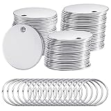 Therwen 100 Pcs 1.2 Inch Metal Stamping Blanks Silver Round Stainless Steel Blank Dog Tags with Hole Metal Polished Tags for Engraving with Key Rings for Bracelet Jewelry Making