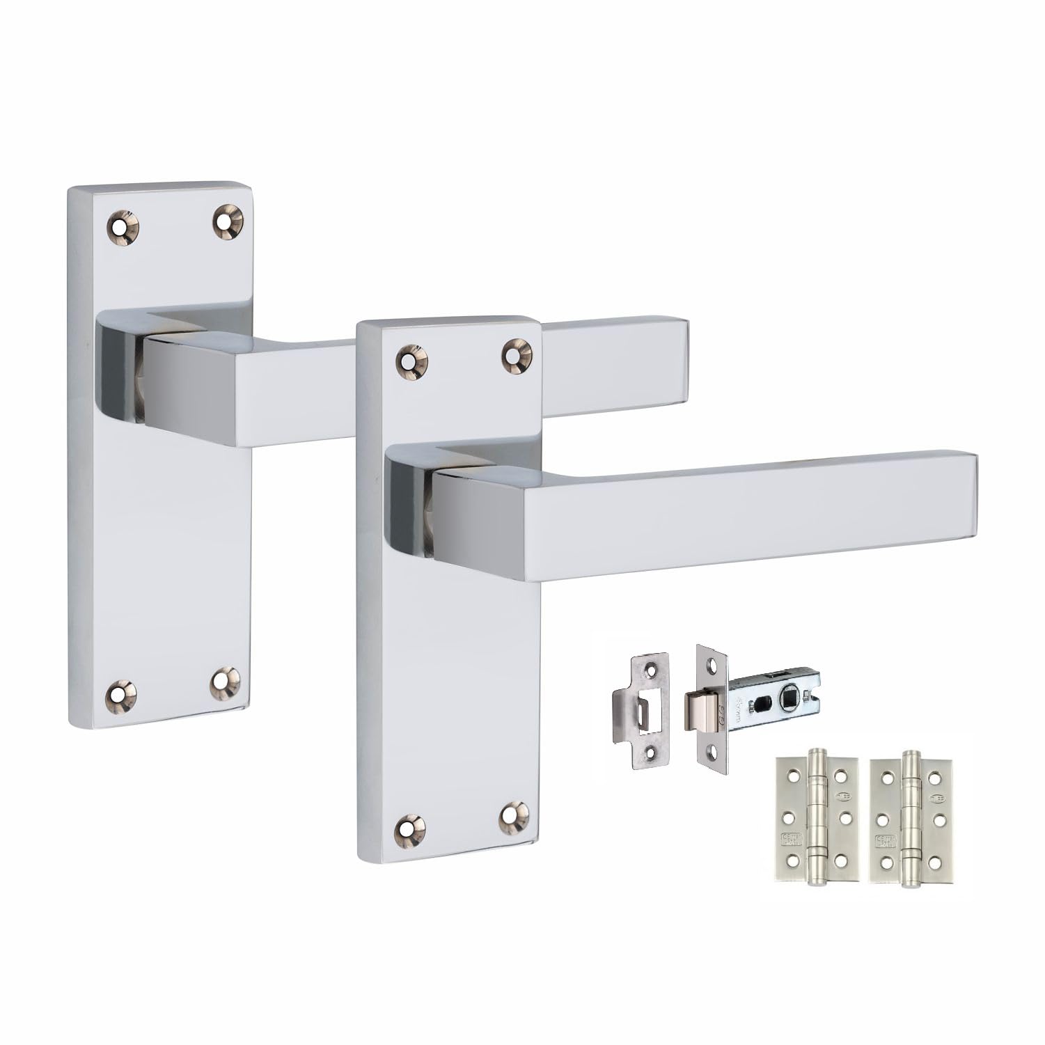 Golden Grace Victorian Straight Delta Door Handles Latch in Polished Chrome with 1 Pair of 3" Ball Bearing Hinges & Latches Pack, 1 Set - 120mm x 40mm Backplate