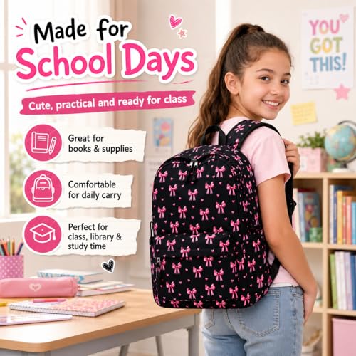 Image of LOIDOU Backpack for Girls School Backpacks Bookbags for Elementary Middle School Women Laptop Backpacks (Bow Tie Black, L-17)