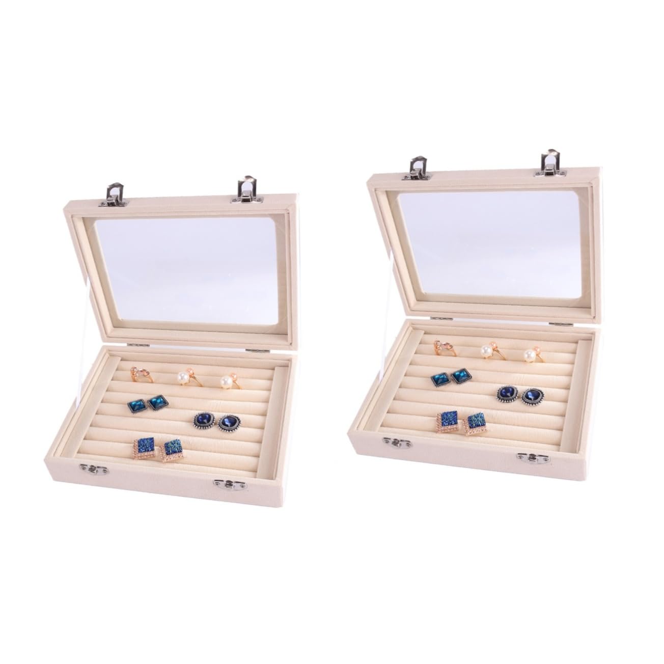 SHERCHPRY 2piezas Organizador De Joyería Tapa Transparente y Cerraduras De Seguridad Caja De Almacenamiento Para Anillos y Pendientes Para Niñas y Mujeres Compacto Beige
