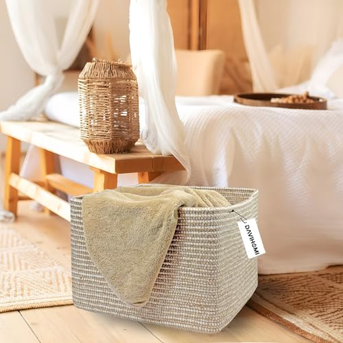 Image of Square Woven Cotton Rope Basket for Organizing, Gift Baskets for Handles, Empty Gift Baskets, Toy Basket for bins|13.5 inch x 11 inch x 9.5 inch home decor for Living Room, Bathroom（Flax and White）