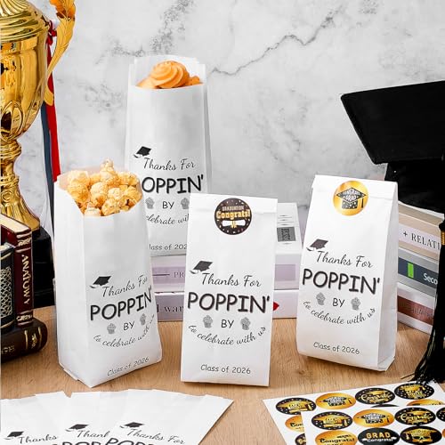 Image of 100 Pcs Class of 2026 Graduation Popcorn Bags with Stickers Thanks for Popping by Popcorn Bags to Celebrate Smile Style Grease Resistant Snack Treat Paper Individual Servings for Party Favors(Black)
