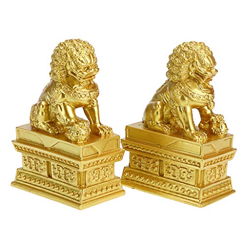 MDLUU Feng Shui Löwe Statuen, Paar Schutzlöwen, Fu FOO Hunde für Registrierkasse, Büroschreibtisch, Hauseinweihung, Ladenöffnung, Geschenk, Gold Cover