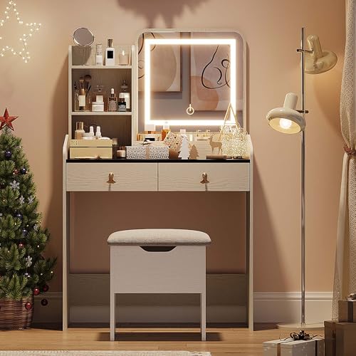 GarveeHome Vanity Desk with LED Light Mirror and Charging Station,Small Makeup Vanities Set with 2 Drawers,Vanity for Girls Women with Storage Stool (White + Black Tabletop)