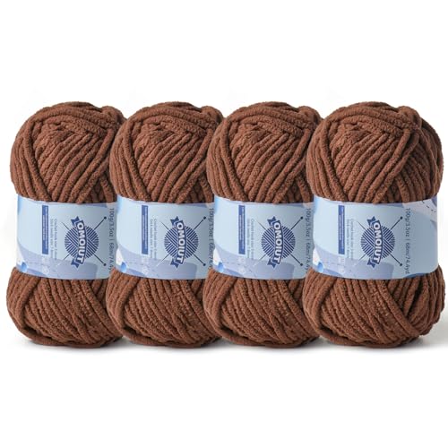 Image of 4 Pack Chunky Chenille Yarn for Crocheting, Baby Yarn for Crocheting Soft Blankets, Bulky Yarns for Crochet Amigurumi, 400g (297yds) Fluffy Velvet Yarns for Hand Knitting (4 Coffee)