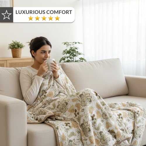 Image of HOMEMONDE 100% Cotton Reversible Dohar Double Bed Size | 300 TC AC Blanket Comforter | Soft Lightweight Bed Blanket Quilt (84 X 94 Inch, White & Dark Camel, Pack of 1)