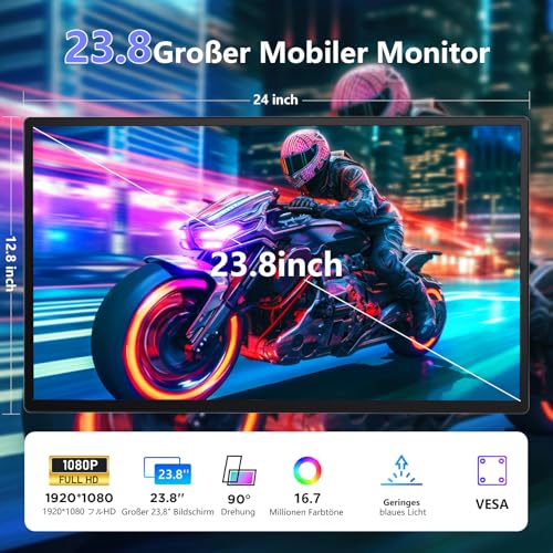 23,8'' Portable Monitor, 100Hz Tragbarer Monitor mit Kickstand, Laptop Monitor Erweiterung mit Lautsprechern, Großer Gaming Monitor IPS Display für Laptop/PC/Mac- VESA USB-C & HDMI Anschluss 3