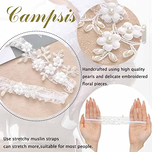 Campsis WD15 Pearl Bridal Garter Set White Flower Bride Wedding Garters Belt Handmade Leaf Strecth Prom thumb #5