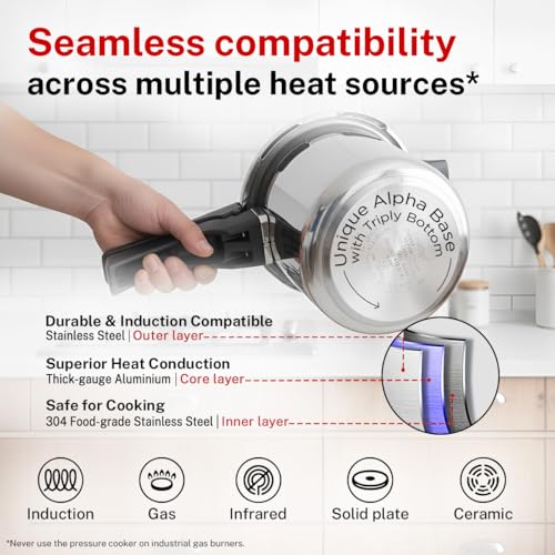 Image of Prestige 3.5 Litre Stainless Steel Deluxe Alpha Svachh Outerlid Pressure Cooker |Deep lid for spillage control|10 years warranty|Gas & Induction compatible|Gasket release system|ISI Certified