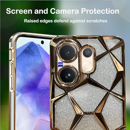 Image of VONZEE Gradient Glitter Case for VIVO V60, Luxury Electroplated 3D Cube, Diamond Bling Shiny Soft TPU Clear Shockproof Women Girls Protective Phone Cover (Gold)