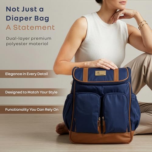 Image of R for Rabbit Caramello Bold Hazel Diaper Bag for Moms, Premium Vegan Leather Baby Travel Bag with Insulated Bottle Pockets, 10 Multi-Purpose Pockets Maternity Backpack, 37 Litre Capacity (Blue Brown)