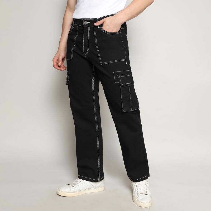 Image of CAHOOT Men's Stitched Cargo Denim Jeans for Casual Wear | Dark-Wash | 5 Pocket | Button Closure | Denim Jeans Crafted with Comfort Fit for Everyday Wear