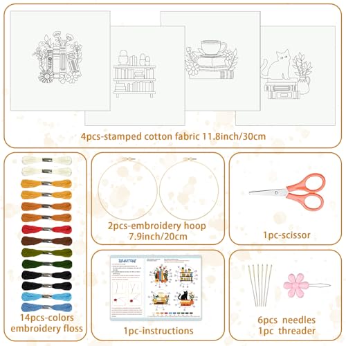 Image of BEUNITONE Flower Embroidery Kit for Beginners 4 Pack Embroidery Starter Kit for Adult Cat Plant Books Pattern Stamped Cross Stitch Set with Instructions Embroidery Hoops Easy for DIY Craft 7.9''