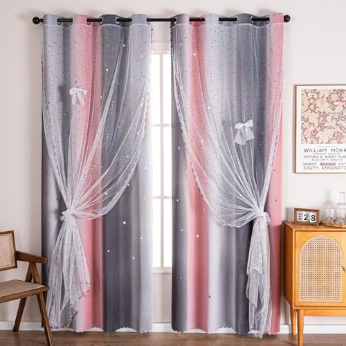 Image of 52x95 Mix & Match Double Layer Laser-Cut Stars Gradient Blackout Curtains with Foil Print Sheer, 2 Panels Set - Gradient Grey Pink