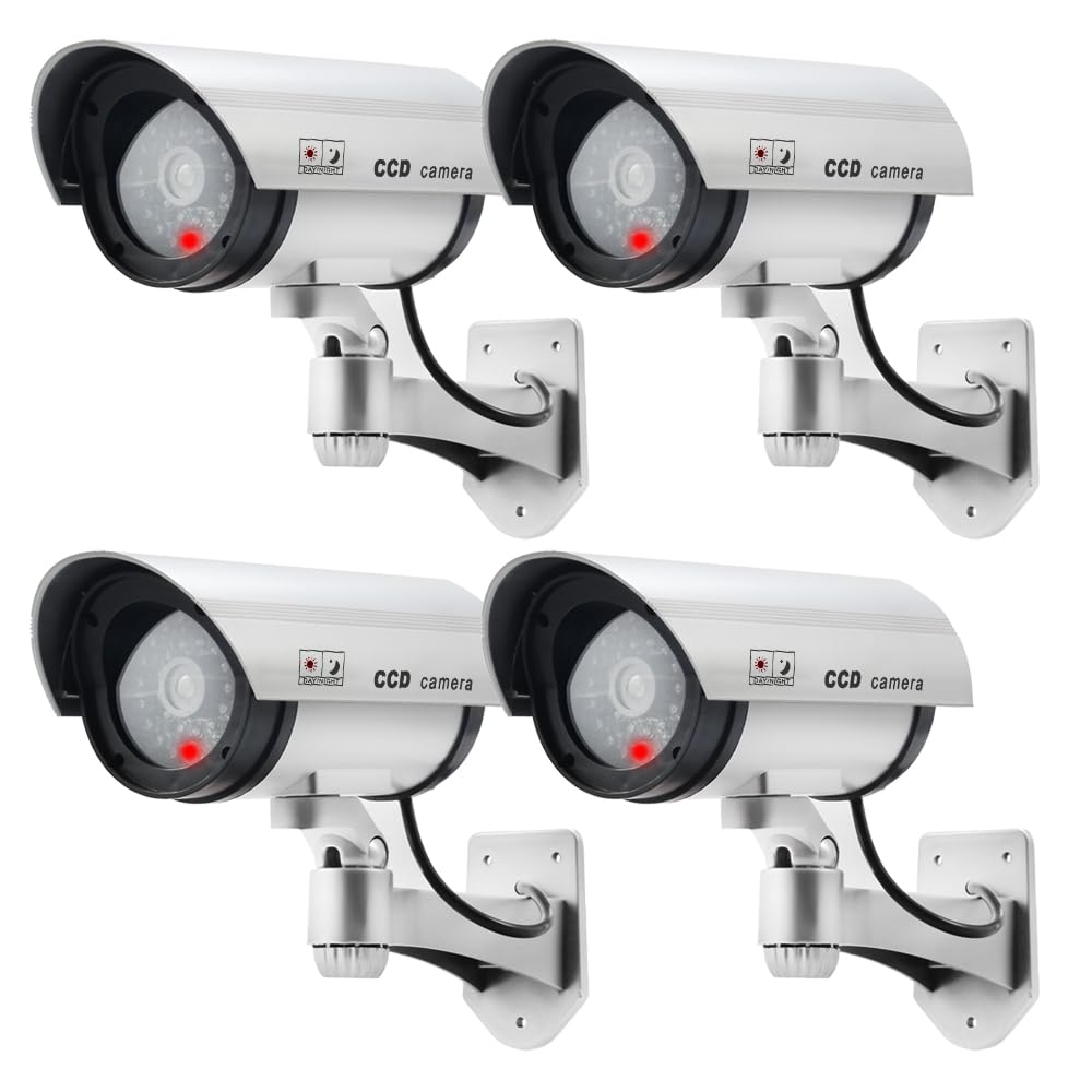 ERWEY Dummy kamera do monitoringu CCTV z migającym światłem LED, 4 sztuki (srebrna)