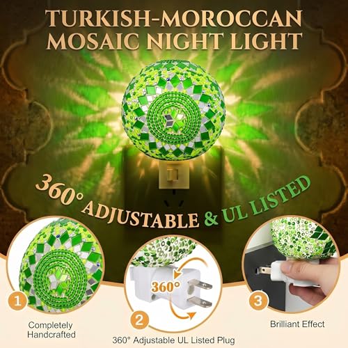 Image of Baquler Turkish Night Light Plug in Wall - Moroccan Stained Glass Globe Lamp Bohemian Bedroom Decor Ambient Warm Light for Living Room Hallway Unique Gift for Women(Green)