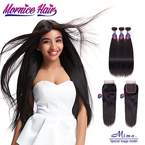 Peruvian straight Hair 3 Bundles With Closure,Mornice 10A Human Hair Extensions with 4x4 Free Part Lace Frontal Natural Black (16 18 20+14inch)