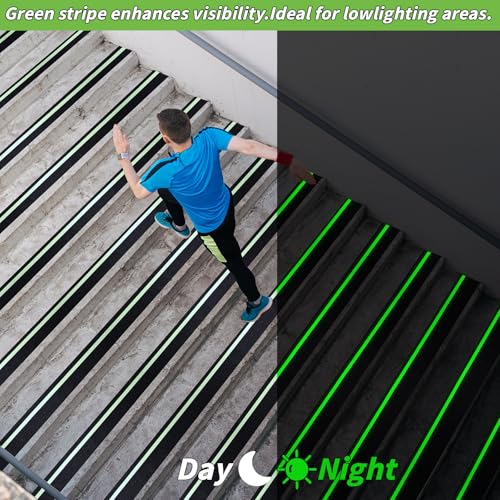 Image of Anti Slip Traction Tape with Glow in Dark Green Stripe, 4In x 60ft High Traction Friction Non Skid Stairs Treads, Waterproof Anti Slip Tape, Abrasive for Steps, Ramp, Skateboard, Outdoor Indoor