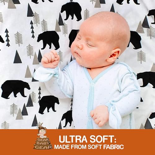 Image of Dear Baby Gear Reversible Baby Blanket, Soft Nursery Cover for Newborn, Breathable, Lightweight Receiving Swaddle, Blanket for Girls and Boys, Black Bears, Geometric Trees /Black&White Plaid, 40 x 30in