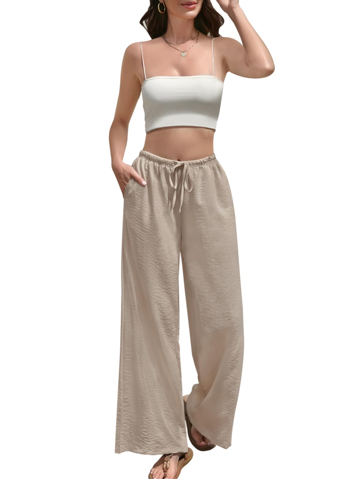 Womens Cotton Linen Palazzo Pants Flowy Wide Leg Pant Beach Trousers with Drawstring Elastic Waist Pockets