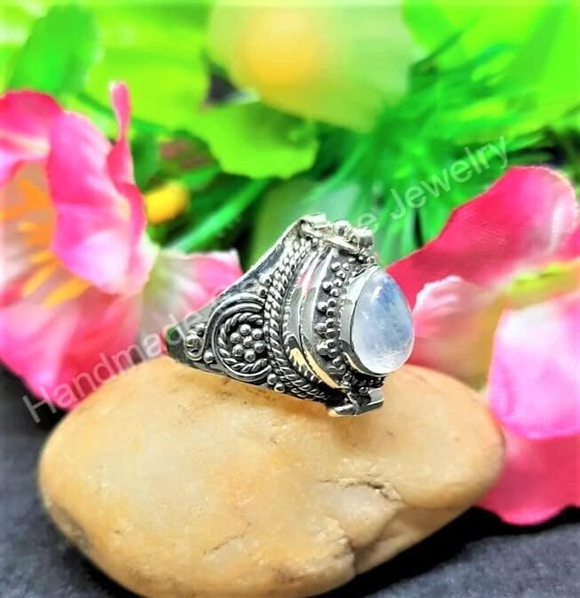 Natural Rainbow Moonstone Ring, Poison Box Ring, Teardrop Stone ~ Moonstone Ring, Blue Flash Moonstone Jewelry, June Birthstone Ring, Locket Ring, Antique Poison Ring, Secret Ring, Compartment Ring