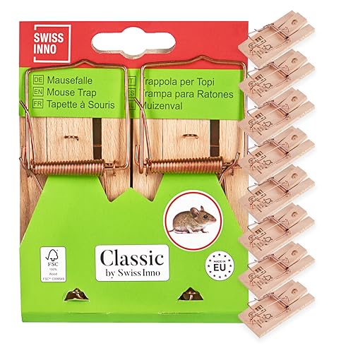 SWISSINNO Trampa para Ratones de Madera Classic – Pack de 10 – Madera de Haya FSC – Eficiencia Probada Sin Veneno – Cepo Mecánico Fabricado en Europa