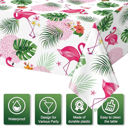 Image of 6 Pack Summer Flamingo Tablecloth Party Decorations, Hawaiian Tropical Plastic Table Cloth, Disposable Luau Table Cover for Summer Flamingo Picnic Birthday Party Supplies Decorations, 54 inch x 108 inch