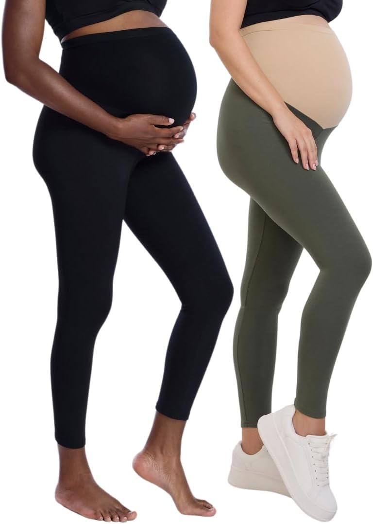 Motherhood Maternity Women's Essential Stretch Full Length Secret Fit Over The Belly Pregnancy Legging, 2 Pack-Black/Beetle, Small