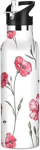 Botella de agua reutilizable con aislamiento de doble pared blanco Dianthus retro, aislada con tapa de pajilla, sin BPA, a prueba de fugas, para