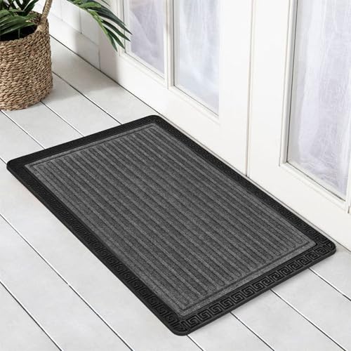 Image of Yellow Weaves 2 Pcs Door Mat for Home Entrance, Outdoor Rubber Mat - Non-Slip, Anti Skid Foot Mat, Dirt Trapper, Heavy-Duty, Weather-Resistant, Waterproof Doormat (40x60cms, Stripe, Grey Color)