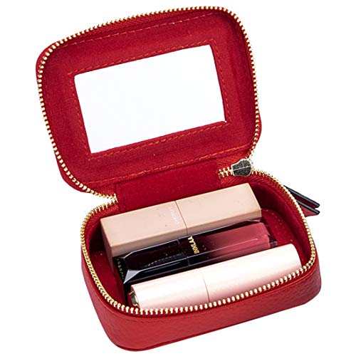 Aileder Mini Lipstick Case Holder Box with Mirror Genuine Leather Small Travel Makeup Cosmetic Pouch Bag Storage Kit for Women Girls (Red) - Image 2